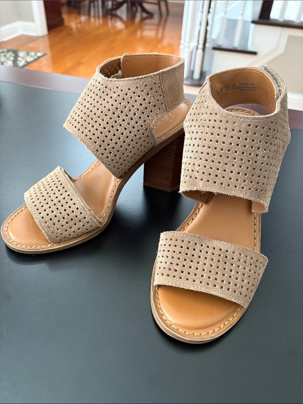 Franco Sarto Taupe Perforated Suede Block Heel Sandals